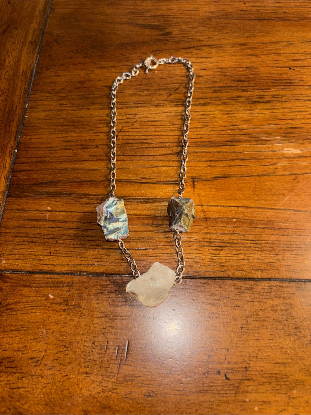 Silver Chain Necklace with Iridescent and White Stone agate Accents